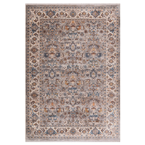 5' X 8' Gray Tan And Beige Oriental Area Rug With Fringe
