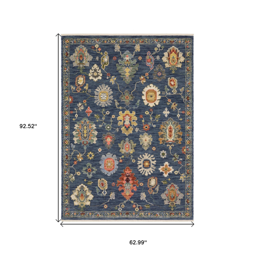 5' X 8' Blue Gray And Red Oriental Area Rug With Fringe
