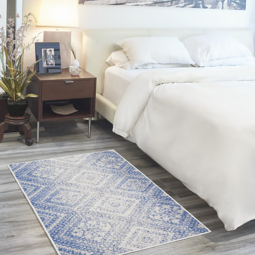3' X 5' Blue and Ivory Geometric Distressed Area Rug