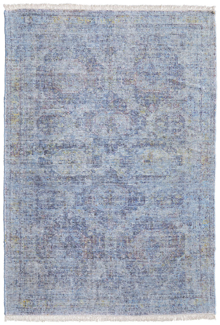 10' X 14' Blue and Ivory Abstract Hand Woven Distressed Area Rug With Fringe