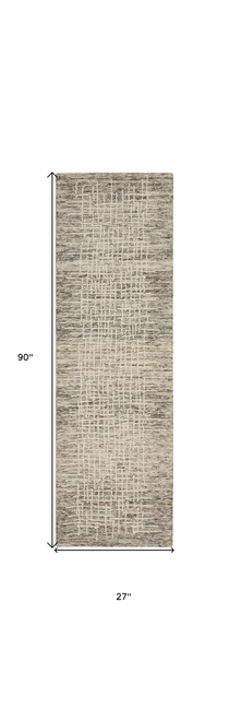8' Ivory Brown and Gray Wool Abstract Runner Rug