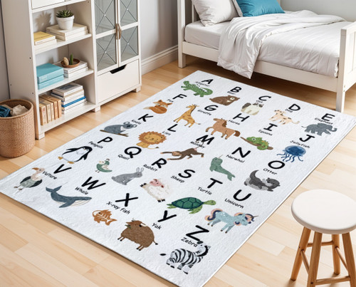 7' X 10' Gray Brown and Green Juvenile Alphabet Youthful Area Rug