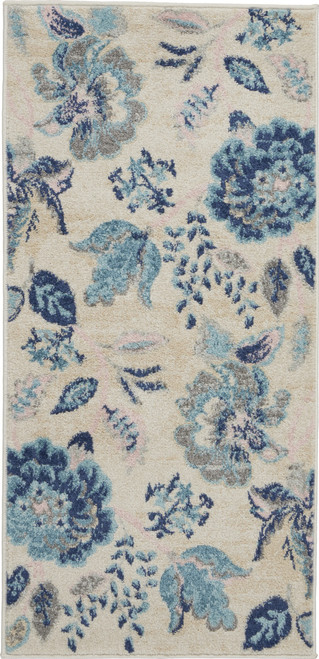 2' X 4' Ivory Navy Blue And Light Blue Floral Area Rug
