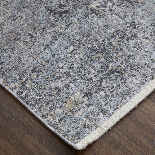 12' Gray and Silver Abstract Power Loom Worn Faded Runner Rug