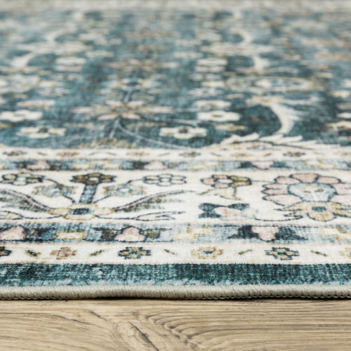 8' Teal And Ivory Oriental Distressed Runner Rug