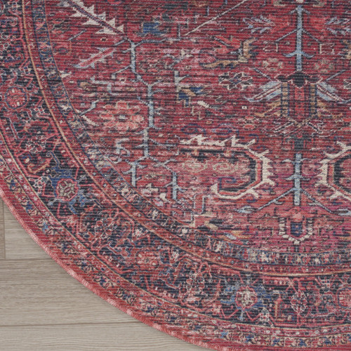 5' Red Round Floral Power Loom Distressed Area Rug