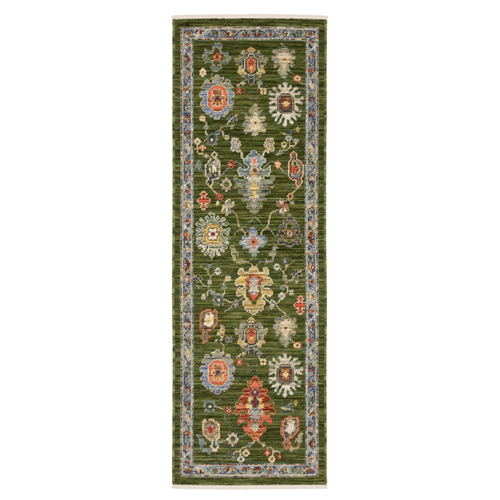 6' Green Gray And Light Blue Oriental Runner Rug With Fringe