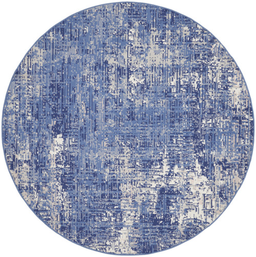 8' Ivory and Blue Abstract Distressed Round Rug