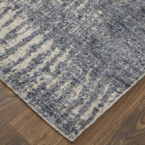 2' X 3' Gray Ivory and Blue Abstract Hand Woven Worn Faded Area Rug