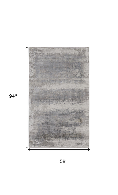 5' X 8' Gray Abstract Power Loom Area Rug With Fringe