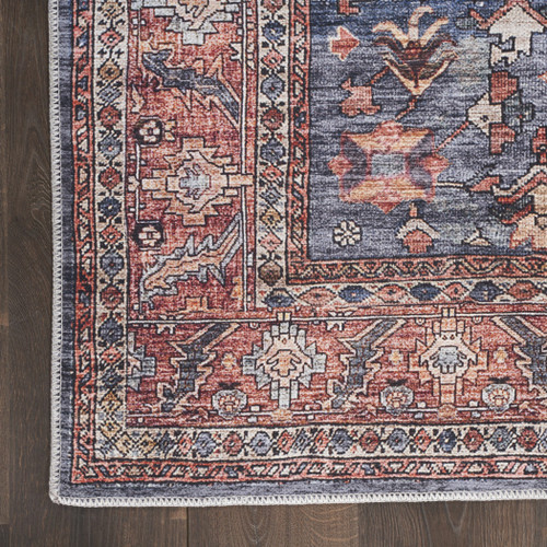 6' Runner Blue and Red Oriental Power Loom Distressed Washable Non Skid Runner Rug