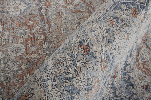8' Gray Ivory and Orange Oriental Power Loom Worn Faded Runner Rug With Fringe