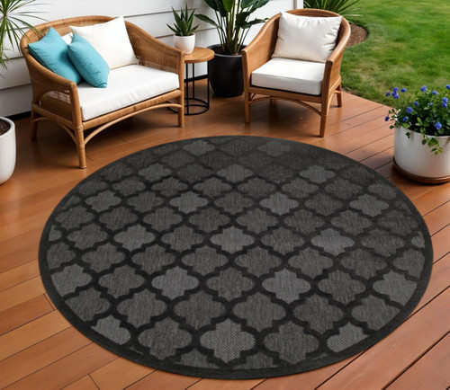 8' Charcoal And Black Round Trellis Indoor Outdoor Area Rug