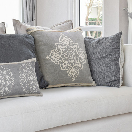 24" Gray And White Medallion Cotton Throw Pillow Cover with Texture