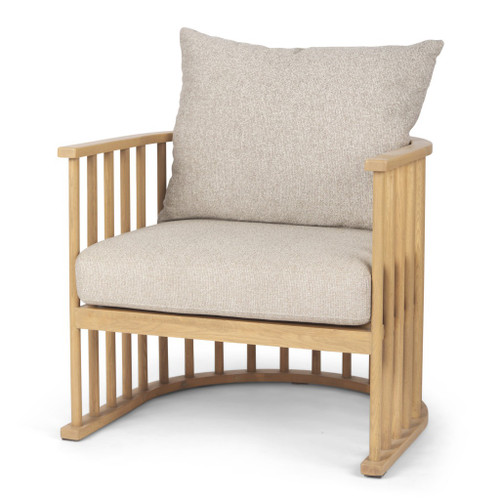 31" Beige and Natural Upholstery and Solid Wood Barrel Chair