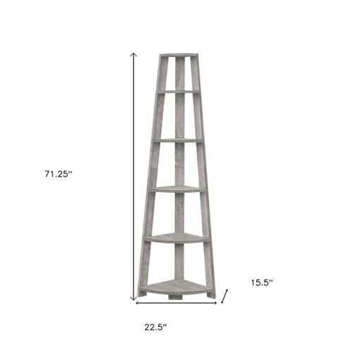 71" Gray Particle Board and Wood Five Tier Corner Bookcase