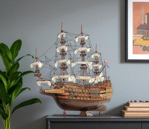 27" Brown Solid Wood Hand Painted Boat