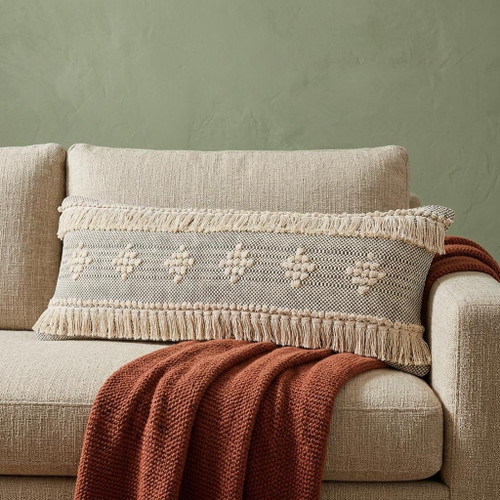 14" X 36" Black And Cream Lumbar Geometric Cotton Throw Pillow Cover with Fringe And Texture