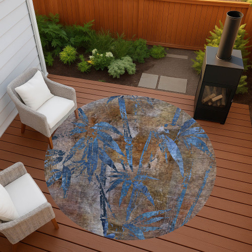 8' Brown And Blue Round Botanical Leaves Washable Indoor Outdoor Area Rug