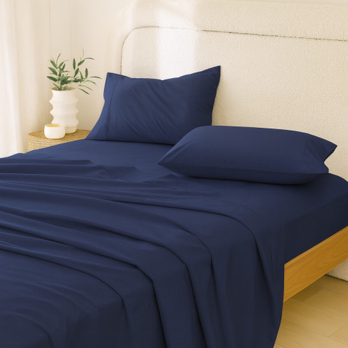 Four Piece Navy Blue Cotton Queen Sheet Set