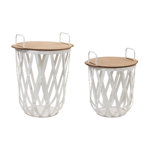 Set of Two White Iron And Wood Garden Stool