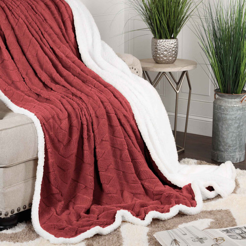 Queen Red And Orange Geometric Fleece Woven Plush Blanket