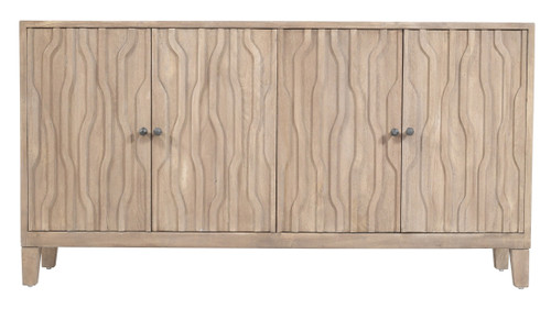 69" Ivory Distressed Reclaimed Wood Carved Geometric Sideboard With Four Doors