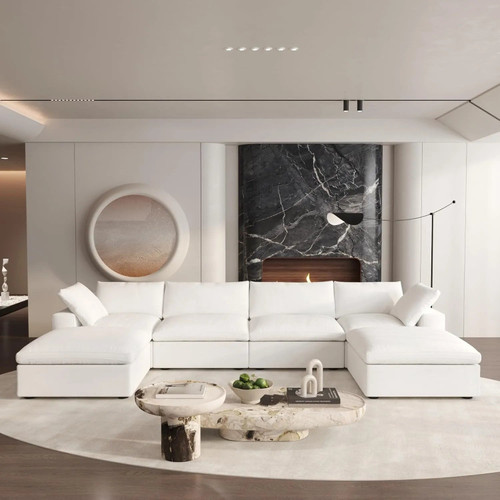 160" White Linen Blend Modular Sofa With Ottomans Toss Pillows And Storage