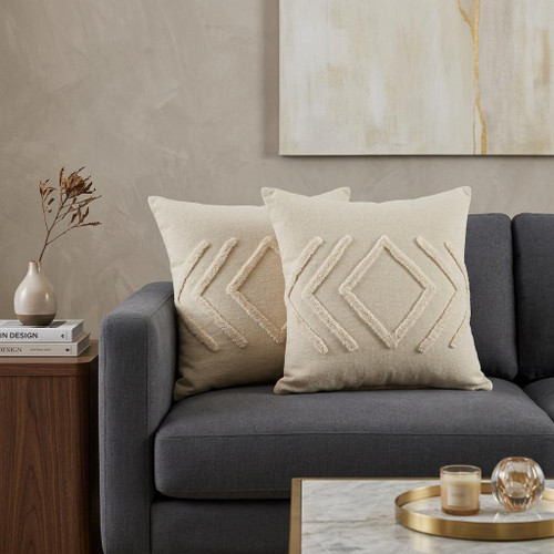 Set of Two 20" Beige And White Diamond Cotton Throw Pillows with Tufts
