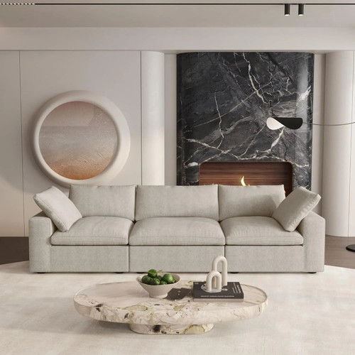 120" Khaki Linen Blend Modular Sofa With Toss Pillows