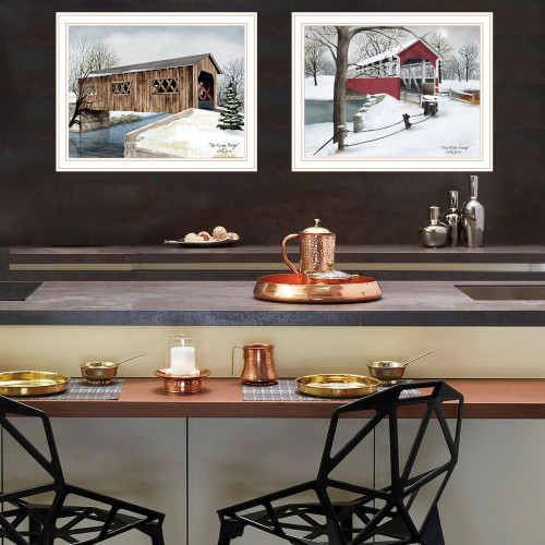 Set Of Two Winter Covered Bridges White Framed Wall Art