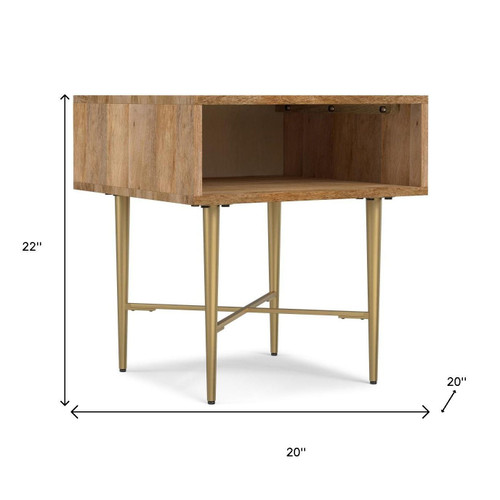 22" Glossy Natural and Gold Solid Wood and Iron Square End Table With Shelf