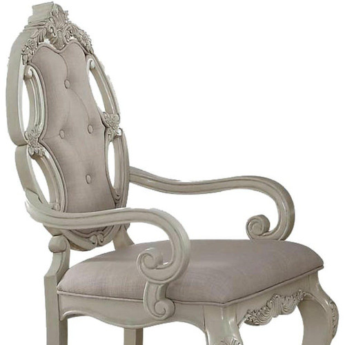 Set of Two Gray and Antiqued White Tufted Fabric Dining Arm Chairs