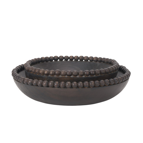 Set of Two Black Solid Wood Beaded Edge Round Centerpiece Bowls