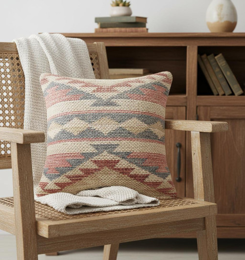 18" Pink And Gray Geometric Cotton Throw Pillow Cover