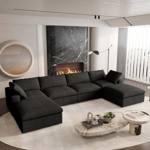 160" Black Linen Blend Modular Sofa With Ottomans Toss Pillows And Storage