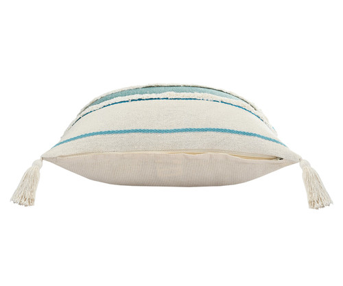 20" Off White And Turquoise Beach Striped Cotton Throw Pillow Cover with Tassels