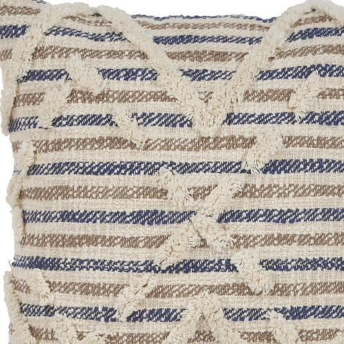 18" Blue And Tan Beach Diamond Cotton Throw Pillow Cover with Tufts