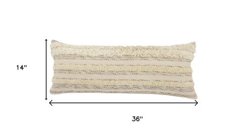 14" X 36" Cream And Gray Lumbar Striped Cotton Throw Pillow Cover with Fringe And Texture