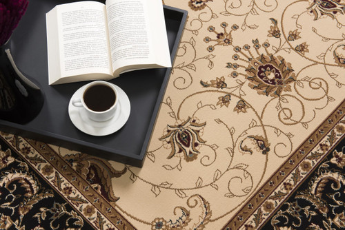 9' Black Tan And Brown Oriental Runner Rug
