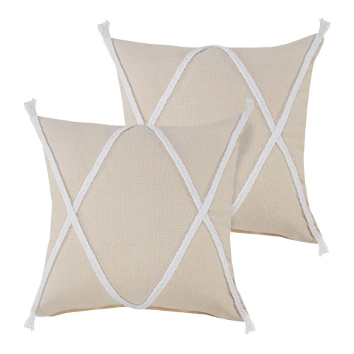 Set of Two 20" Beige And Brown Cotton Throw Pillows with Tufts
