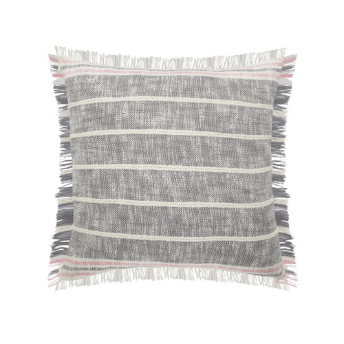 20" Gray And Pink Striped Cotton Throw Pillow Cover with Fringe