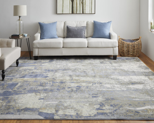 12' X 15' Blue Gray And Tan Abstract Distressed Area Rug