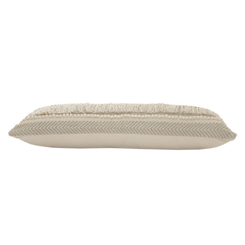 14" X 36" Ivory And Gray Lumbar Striped Cotton Throw Pillow Cover with Fringe And Texture