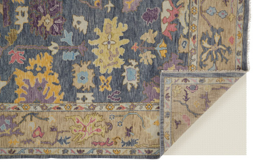 8' X 12' Gold Blue and Purple Wool Oriental Hand Knotted Area Rug With Fringe