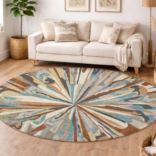 8' Orange And Teal Blue Round Abstract Washable Indoor Outdoor Area Rug