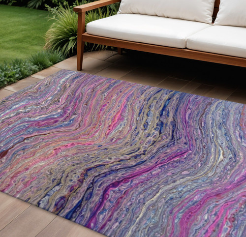 10' X 14' Raspberry And Purple Abstract Washable Indoor Outdoor Area Rug
