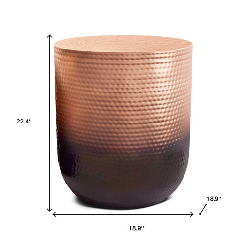 22" Hammered Copper and Black Iron Round Drum End Table
