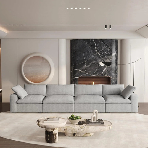 160" Light Gray Linen Blend Modular Sofa With Toss Pillows