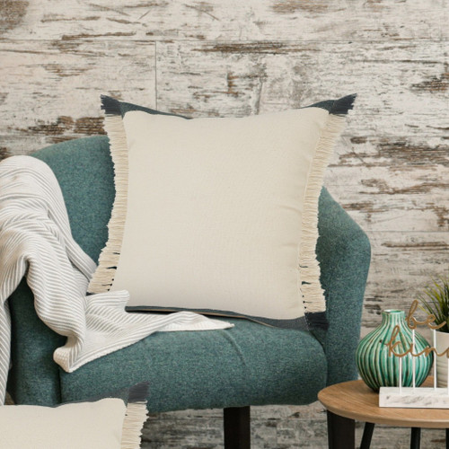 20" Green And White Striped Cotton Throw Pillow Cover with Fringe
